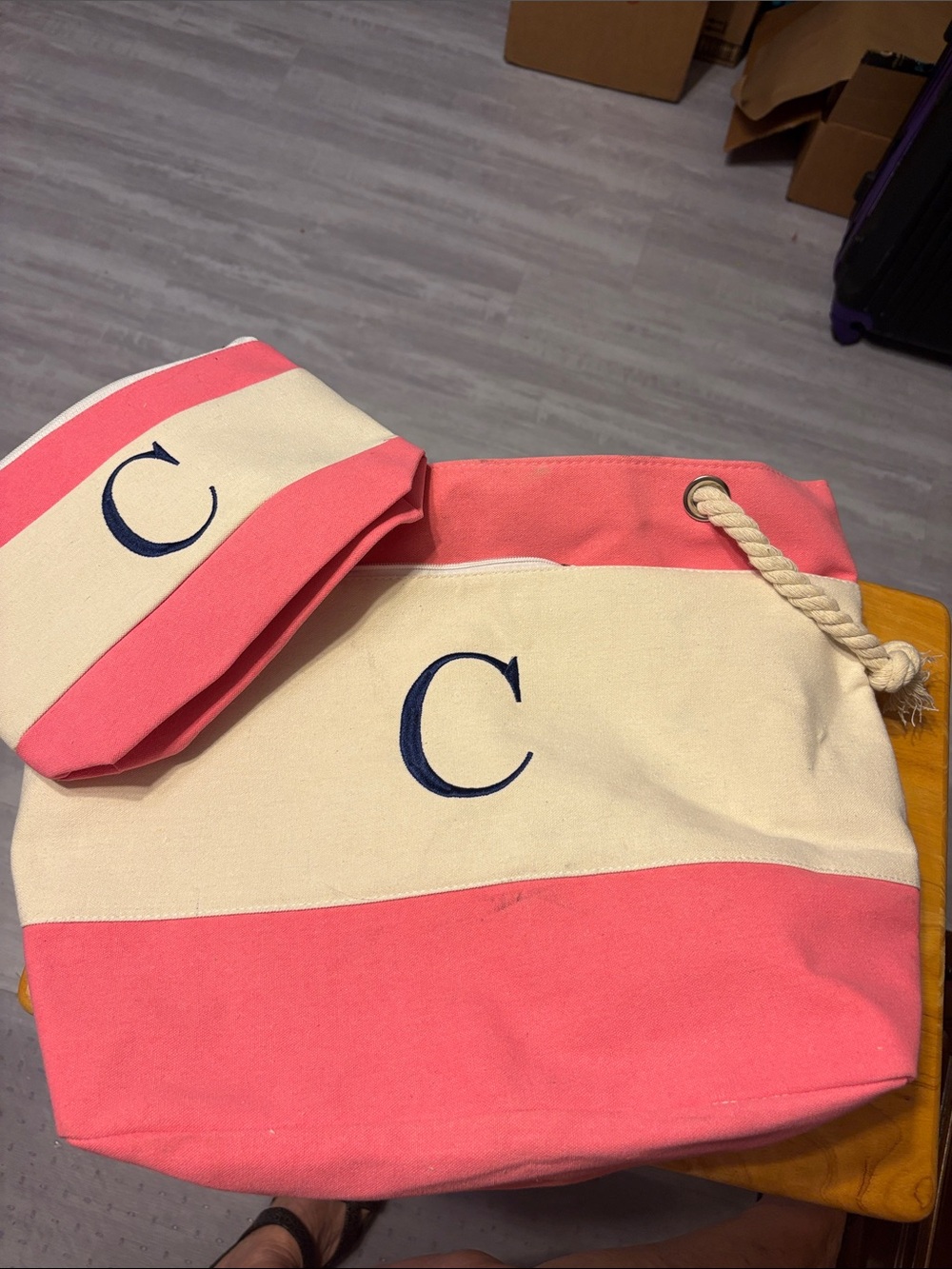 Canvas Stripe Tote with Monogram C - Pink and Cream